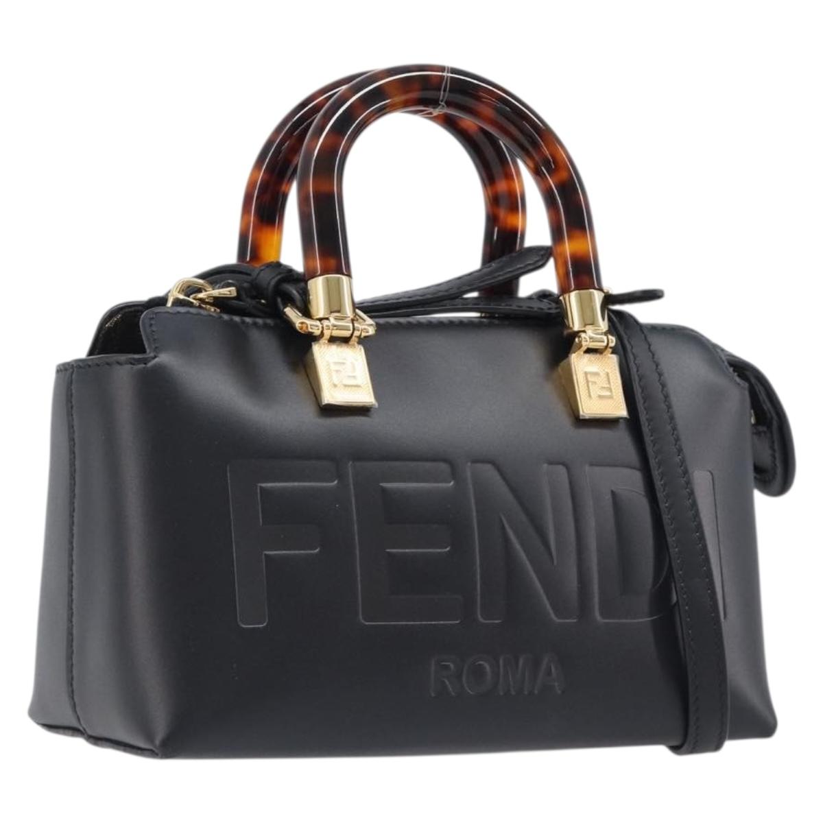 FENDI By The Way Mini Hand Bag Leather 2way Black Gold Tone 8BS067 Auth 204865V
