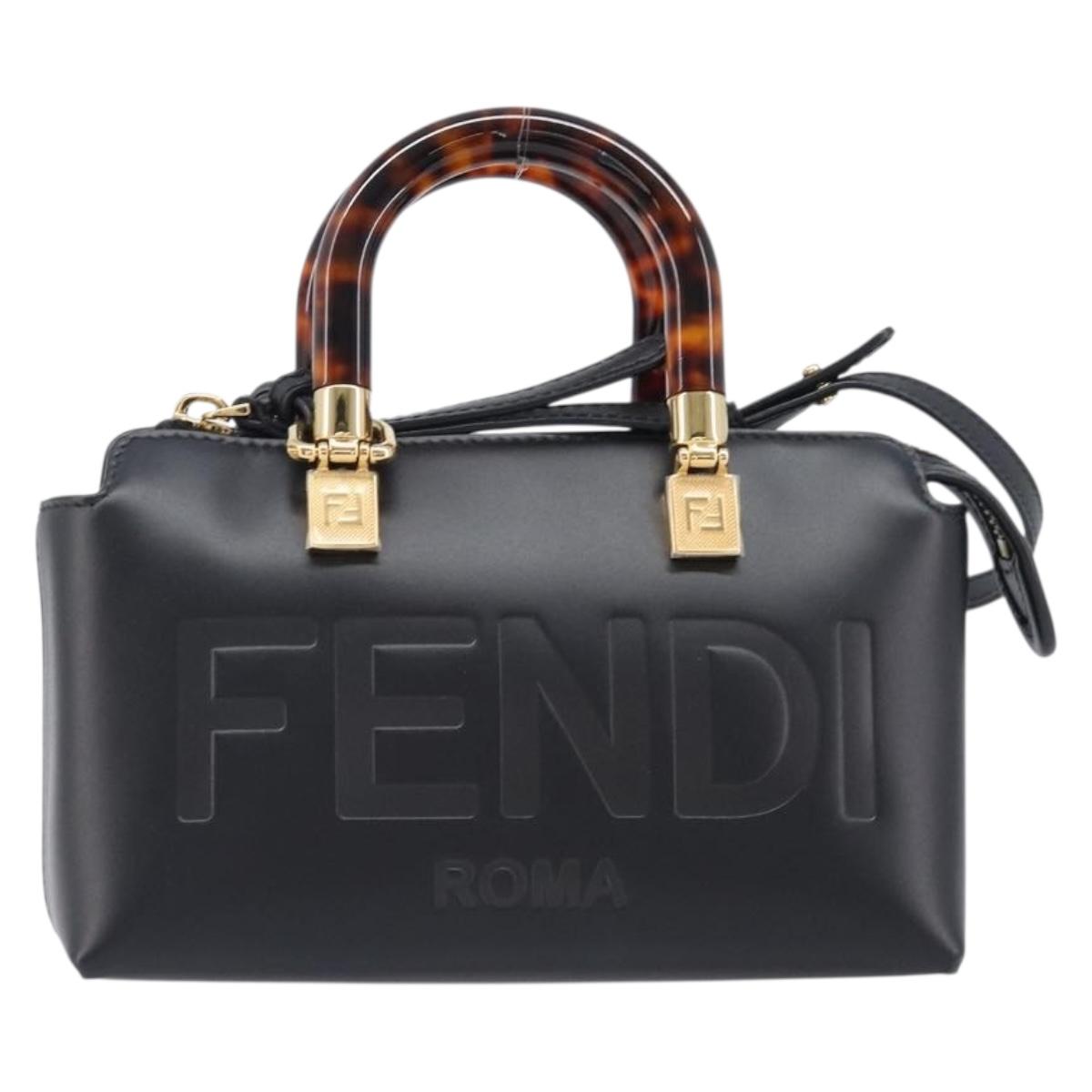 FENDI By The Way Mini Hand Bag Leather 2way Black Gold Tone 8BS067 Auth 204865V