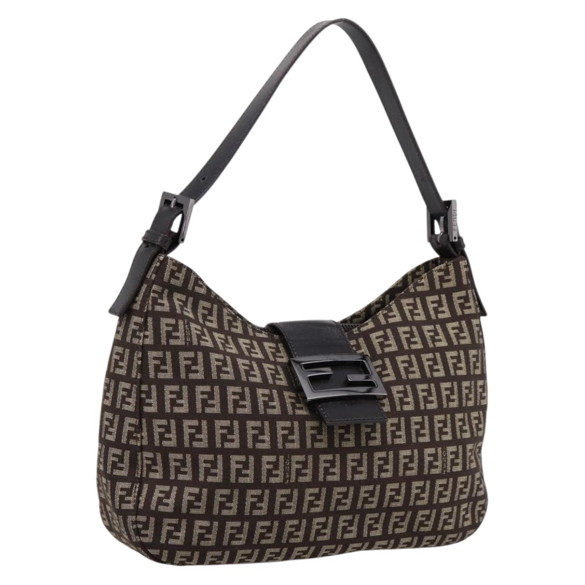 FENDI Zucchino Canvas Mamma Baguette Shoulder Bag Brown Silver Auth 204892V