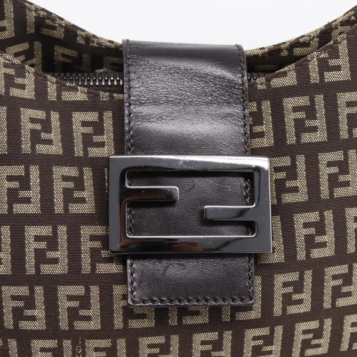 FENDI Zucchino Canvas Mamma Baguette Shoulder Bag Brown Silver Auth 204892V