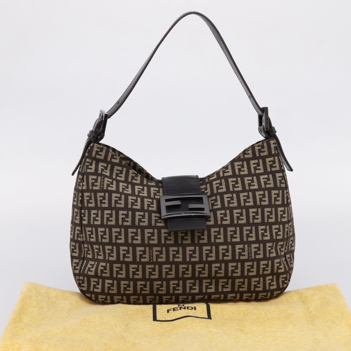 FENDI Zucchino Canvas Mamma Baguette Shoulder Bag Brown Silver Auth 204892V