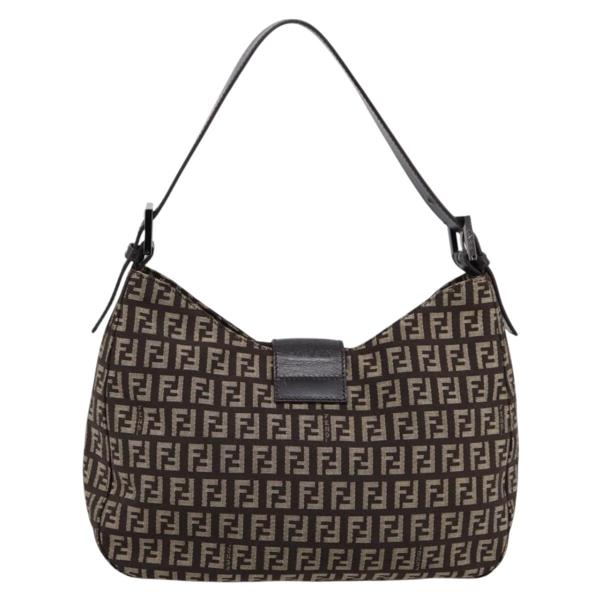 FENDI Zucchino Canvas Mamma Baguette Shoulder Bag Brown Silver Auth 204892V
