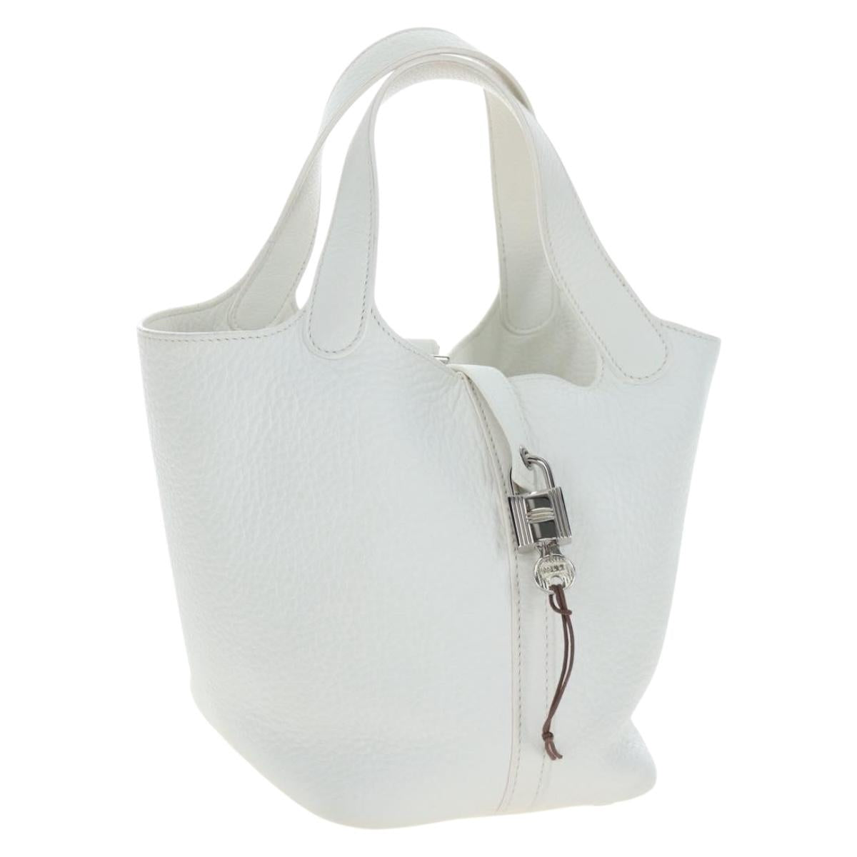 HERMES Picotan Lock PM Hand Bag Taurillon Leather White Silver Auth 204895SAM