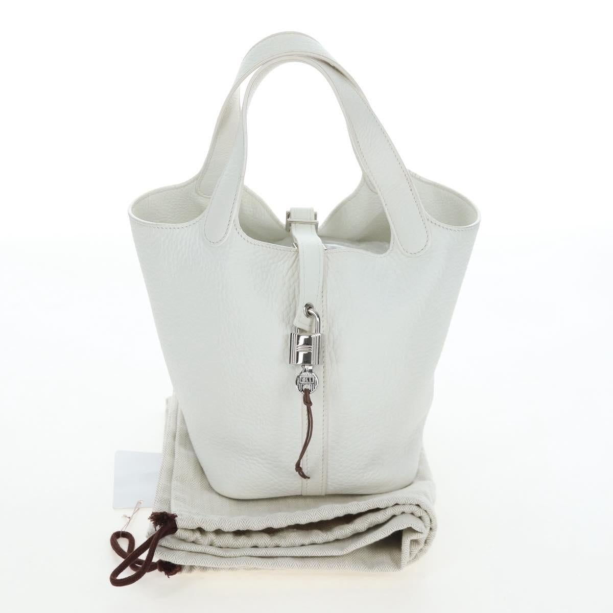 HERMES Picotan Lock PM Hand Bag Taurillon Leather White Silver Auth 204895SAM