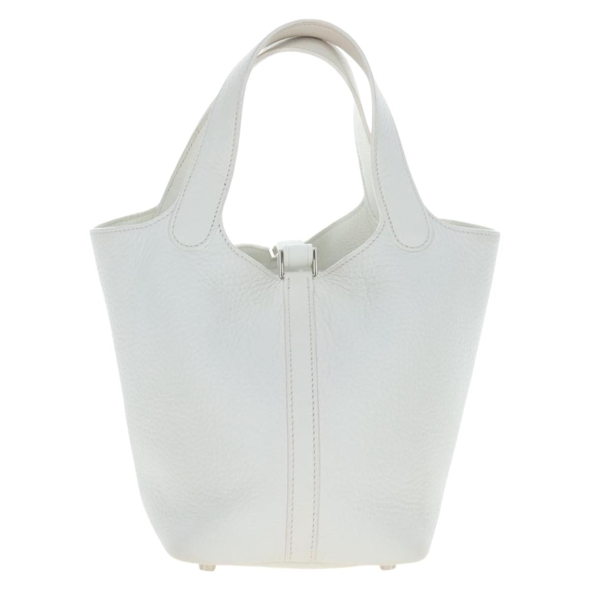 HERMES Picotan Lock PM Hand Bag Taurillon Leather White Silver Auth 204895SAM