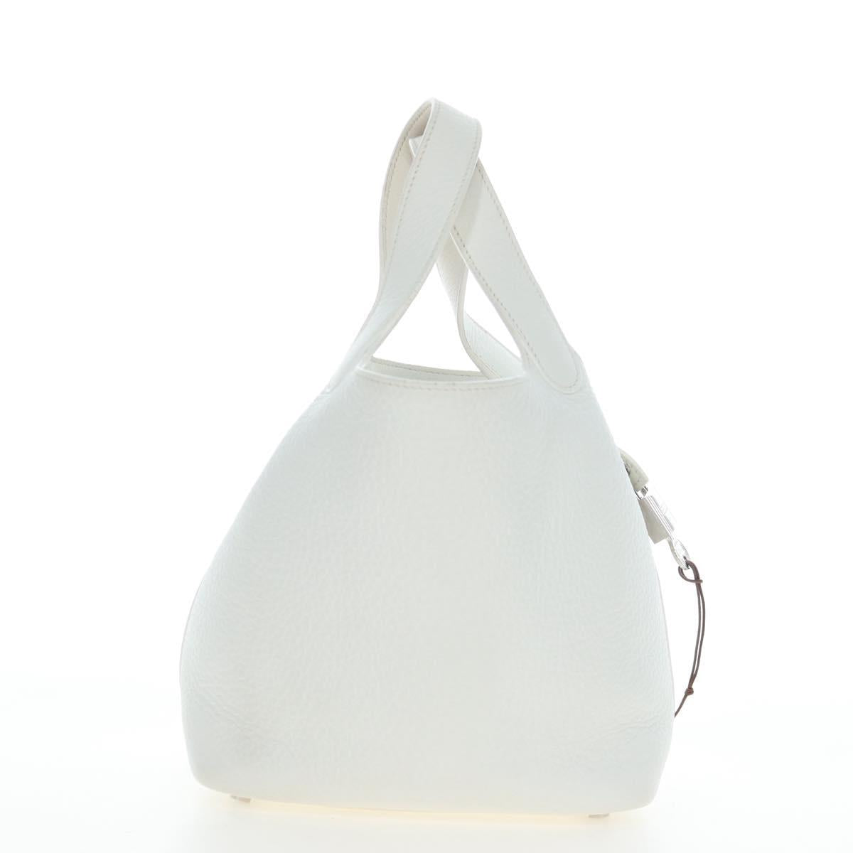 HERMES Picotan Lock PM Hand Bag Taurillon Leather White Silver Auth 204895SAM