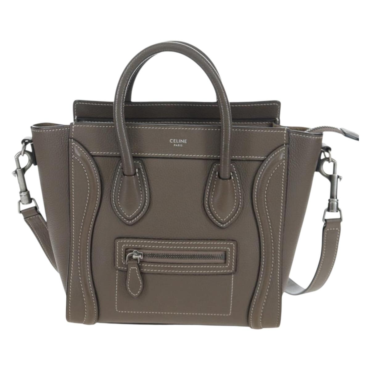CELINE Luggage Nano Hand Bag Leather 2way Gray Silver Auth 204904V