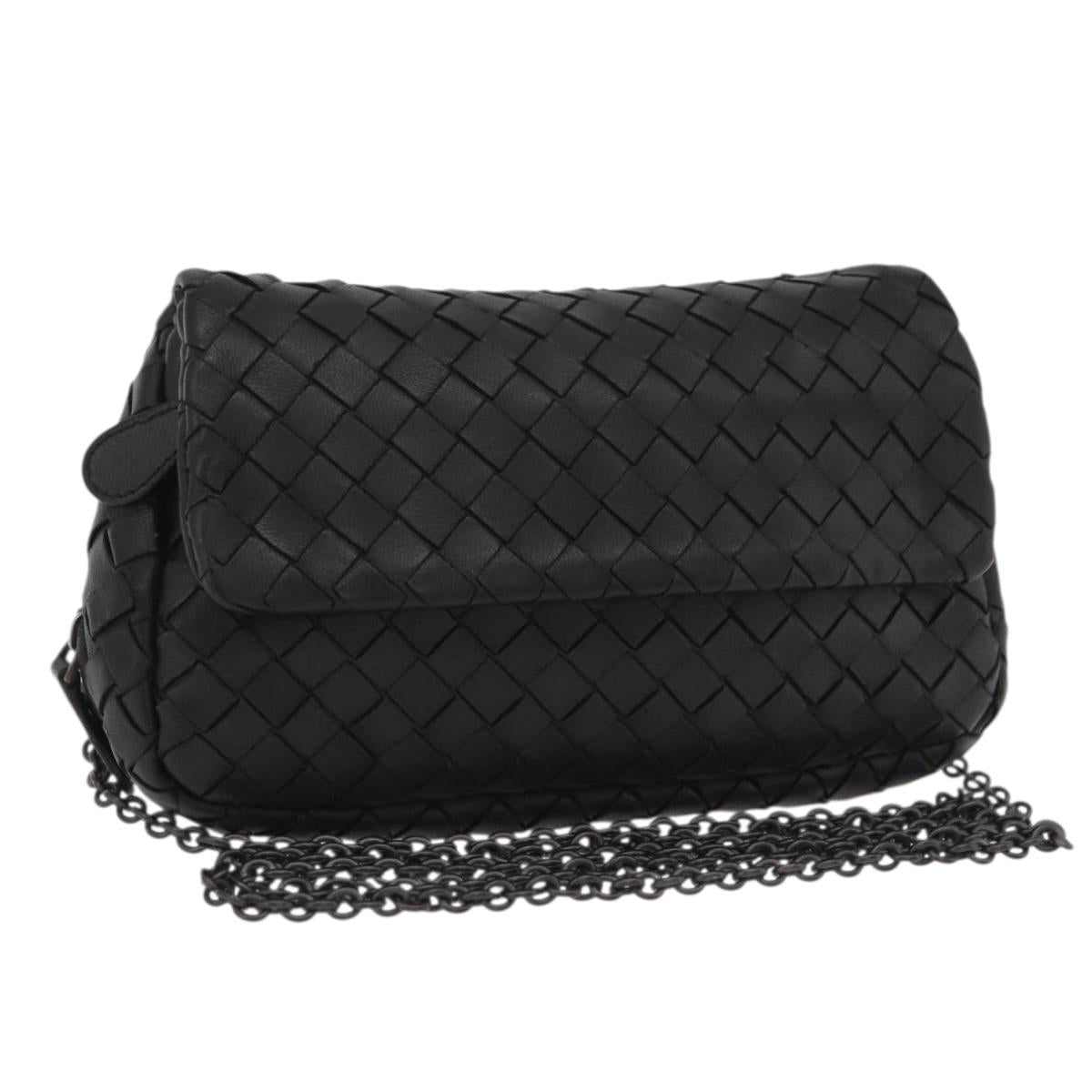 BOTTEGA VENETA INTRECCIATO Chain Shoulder Bag Leather Black Auth 204907A