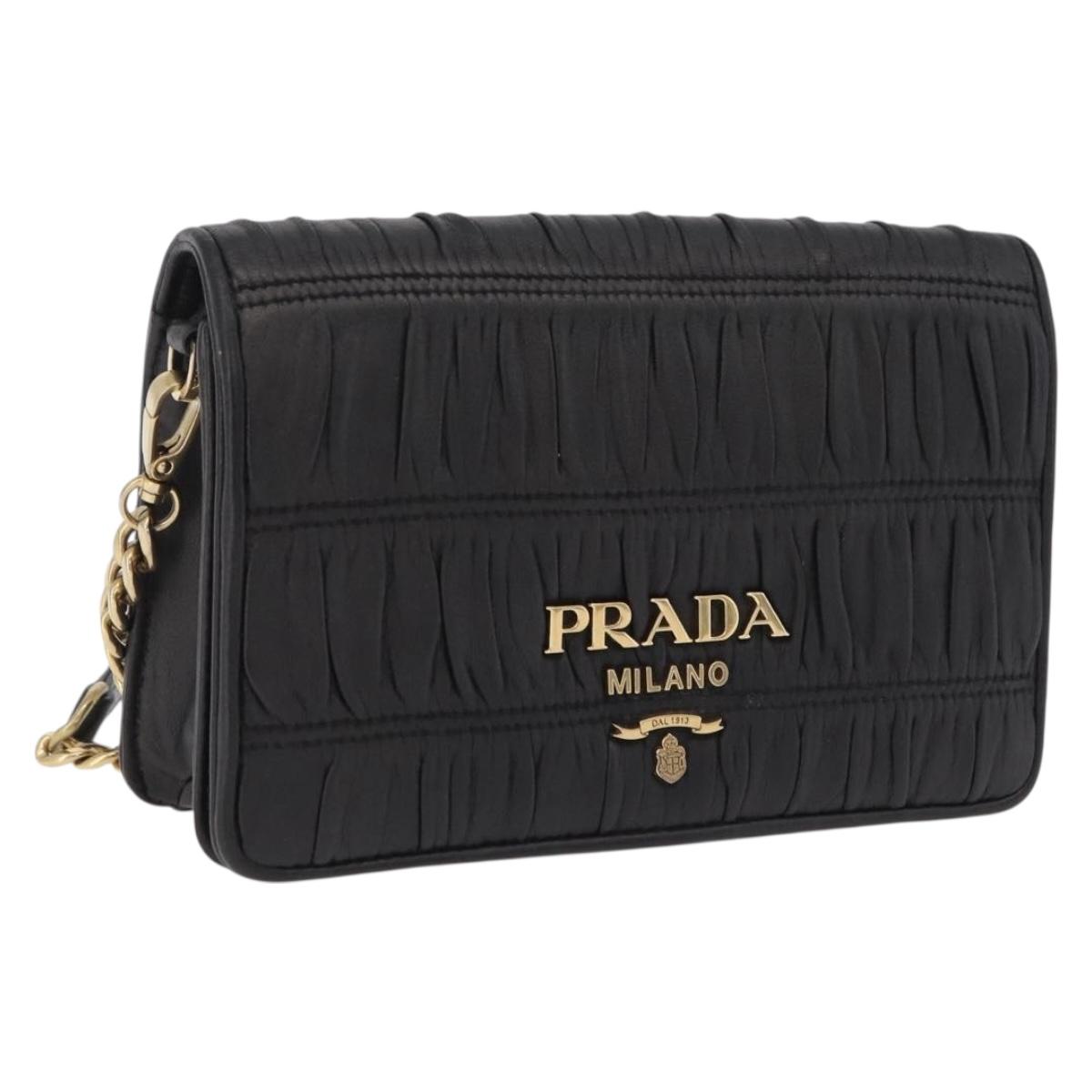 PRADA Gathered Chain Shoulder Bag Leather Black Gold Auth 204909A