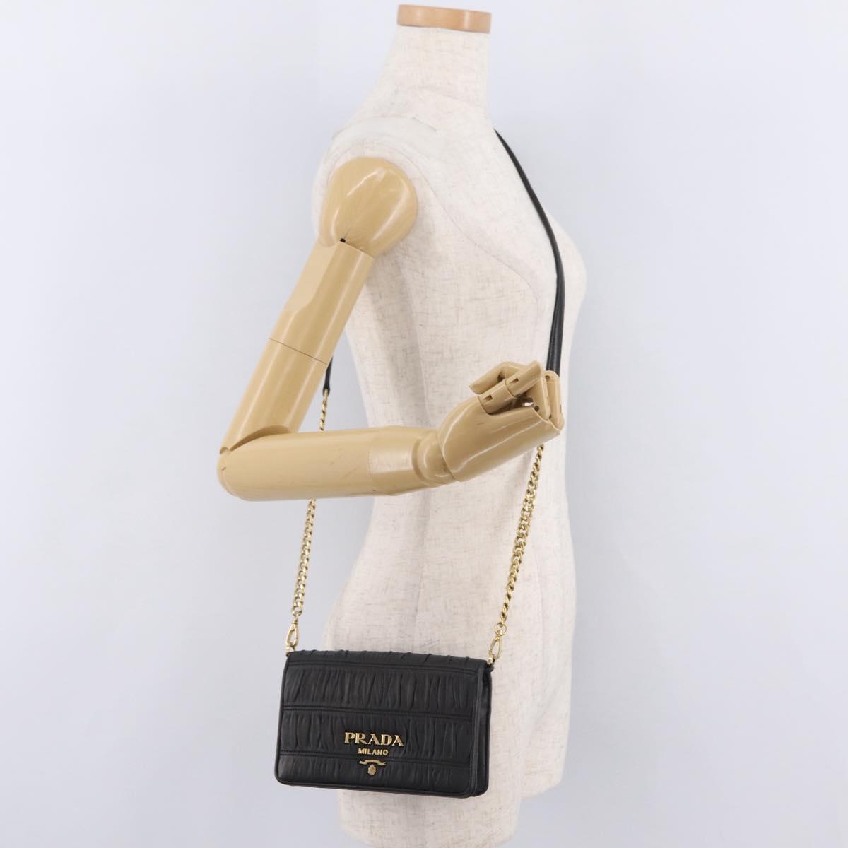 PRADA Gathered Chain Shoulder Bag Leather Black Gold Auth 204909A