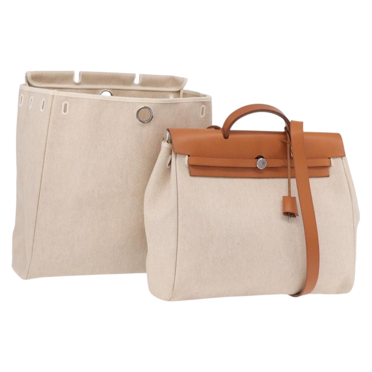 HERMES Herbag GM Tote Bag Canvas Beige Silver Auth 204913V
