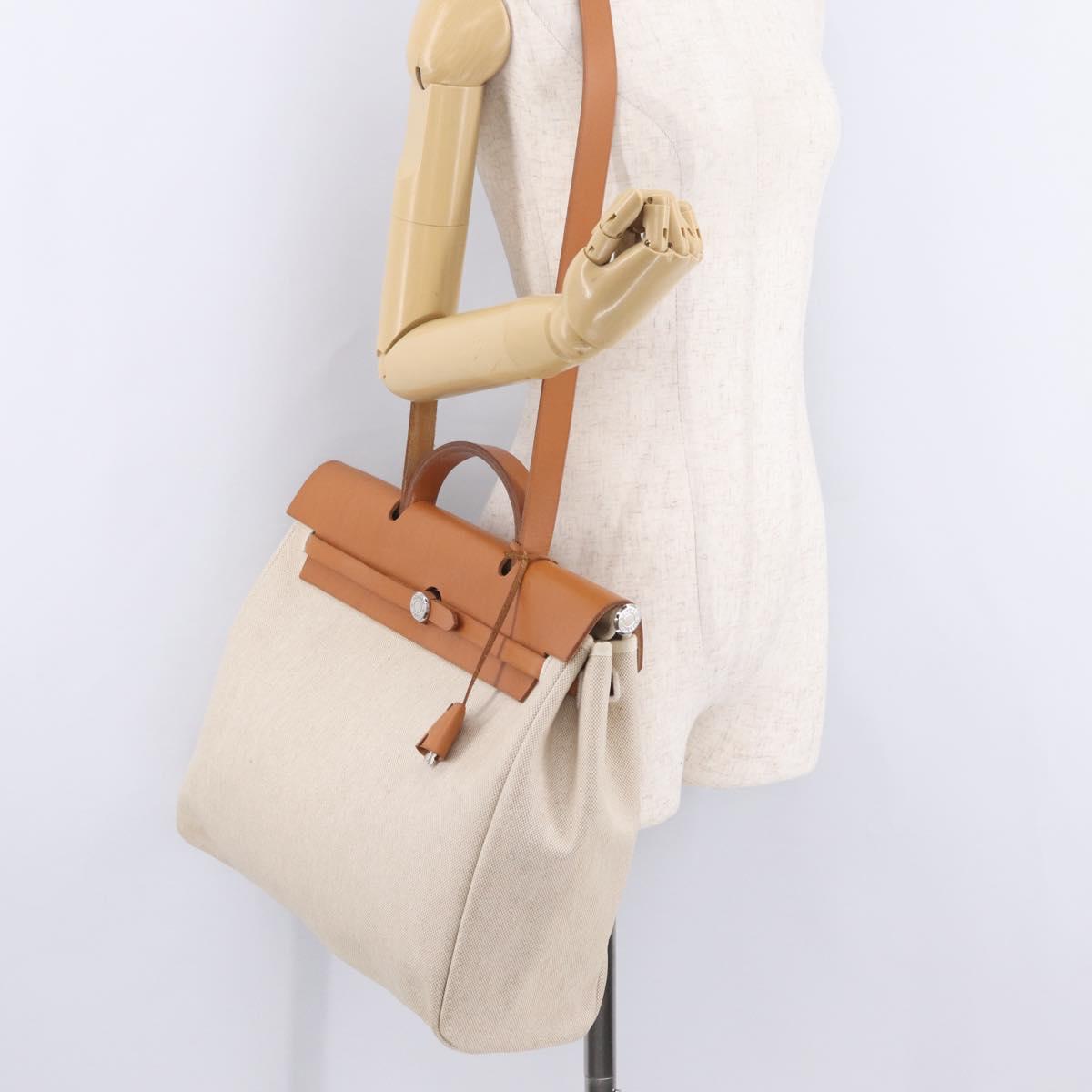HERMES Herbag GM Tote Bag Canvas Beige Silver Auth 204913V