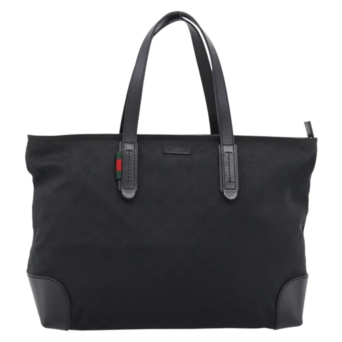 GUCCI GG Canvas Web Sherry Line Tote Bag Black Silver 308928 Auth 204924