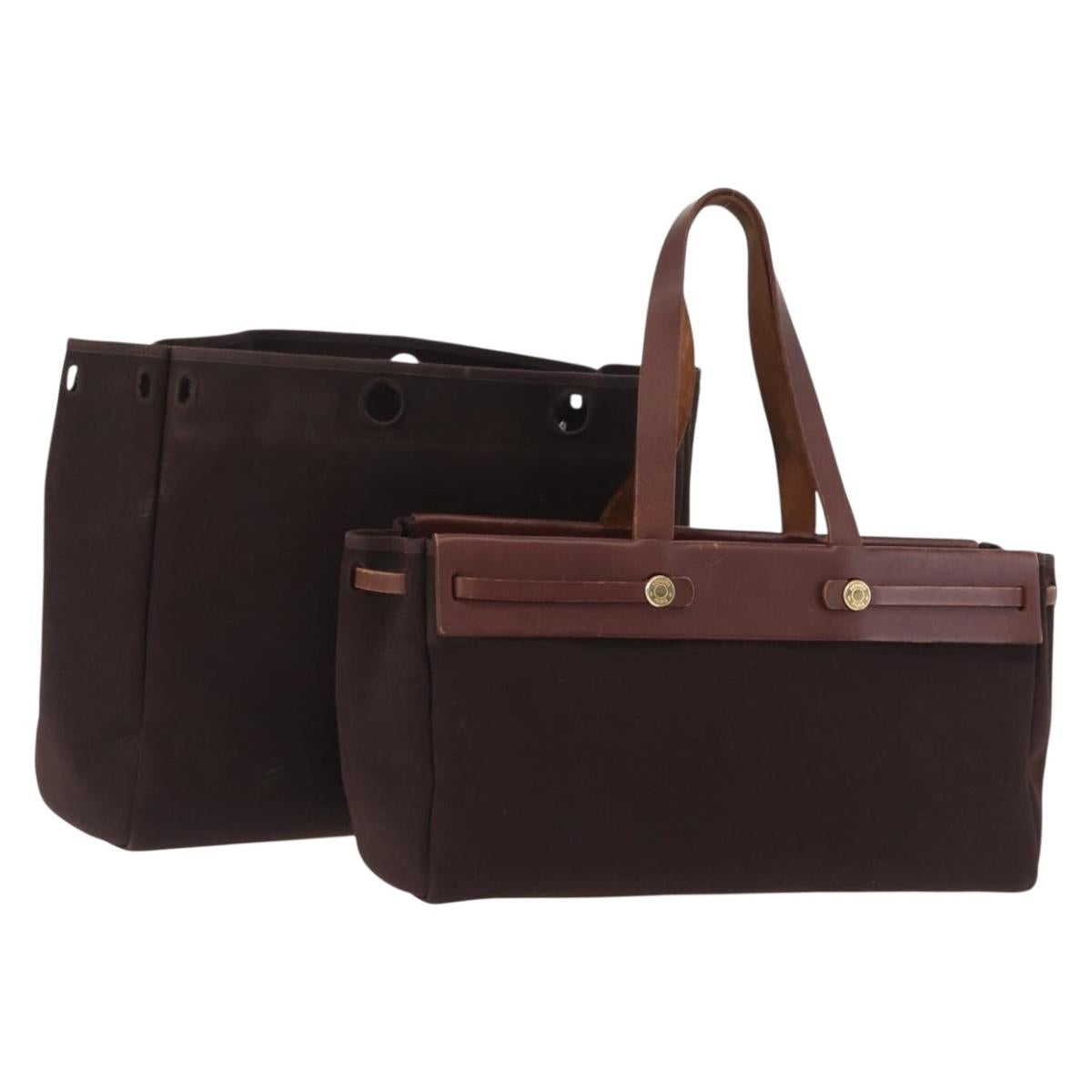 HERMES Herbag Cabas Hand Bag Canvas Leather Brown Gold Auth 204927