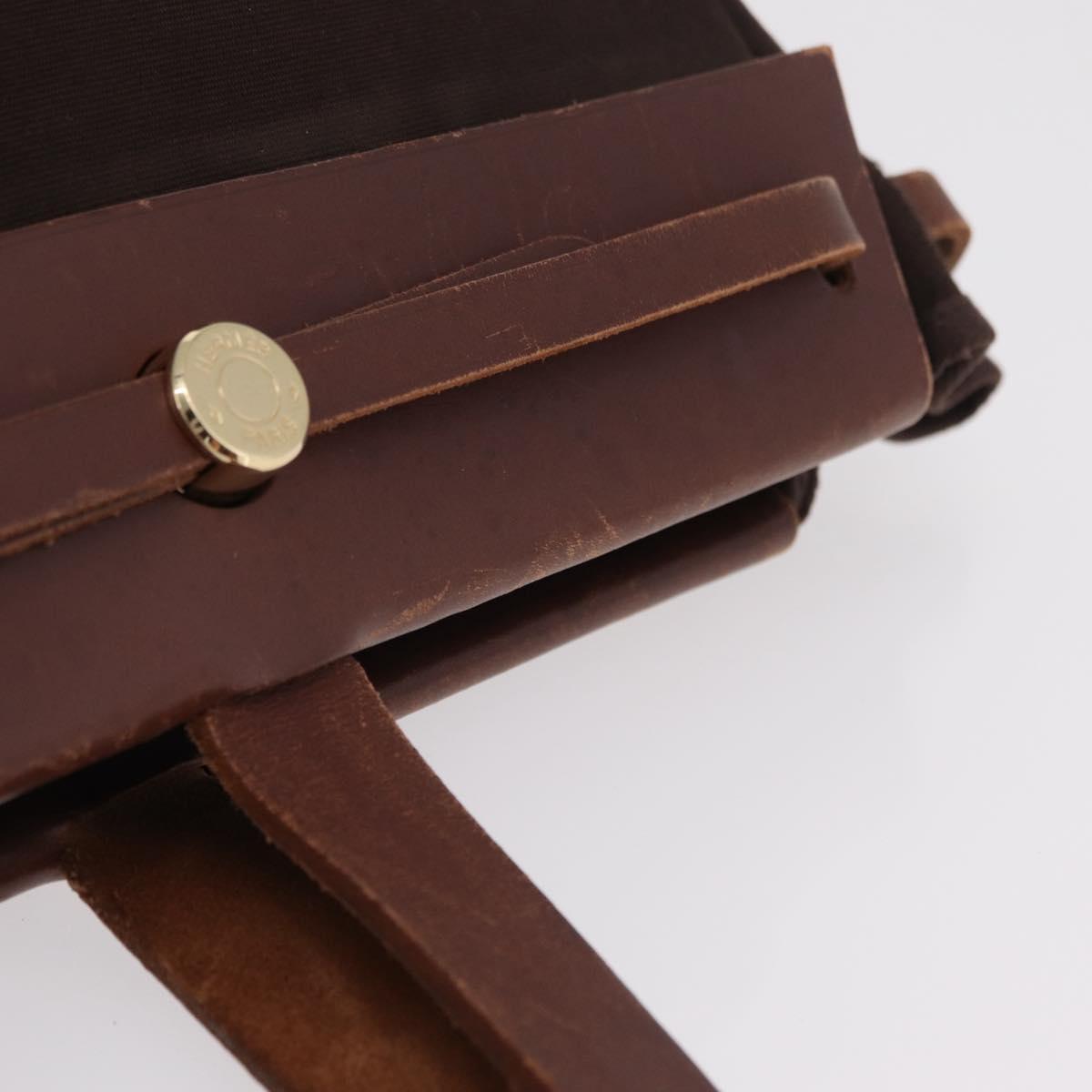 HERMES Herbag Cabas Hand Bag Canvas Leather Brown Gold Auth 204927