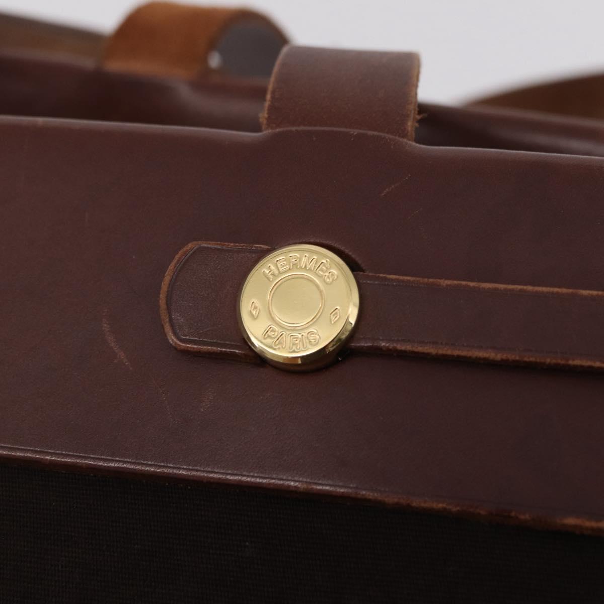 HERMES Herbag Cabas Hand Bag Canvas Leather Brown Gold Auth 204927