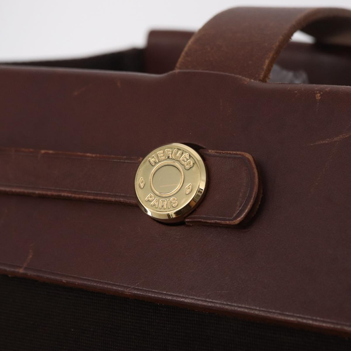HERMES Herbag Cabas Hand Bag Canvas Leather Brown Gold Auth 204927