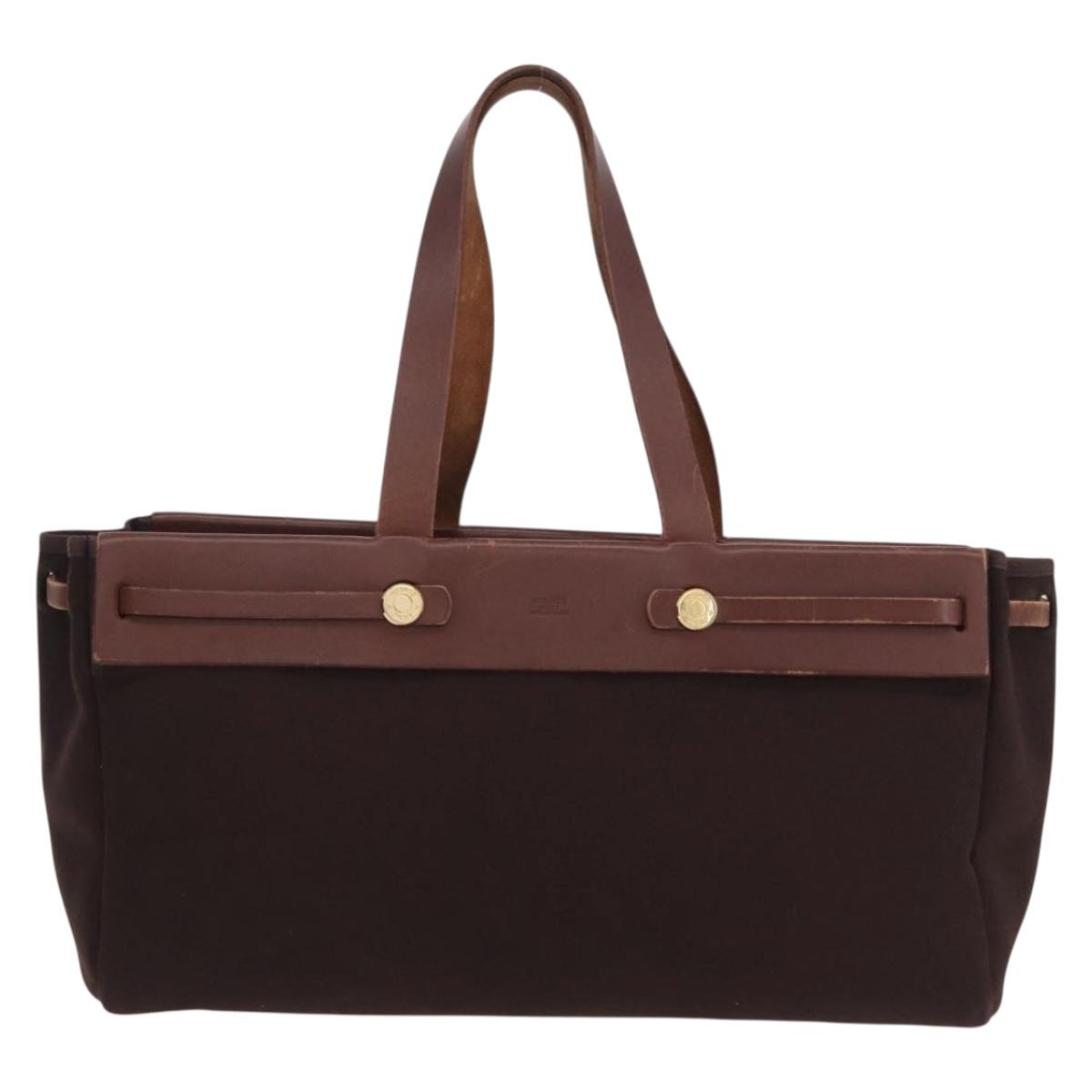 HERMES Herbag Cabas Hand Bag Canvas Leather Brown Gold Auth 204927