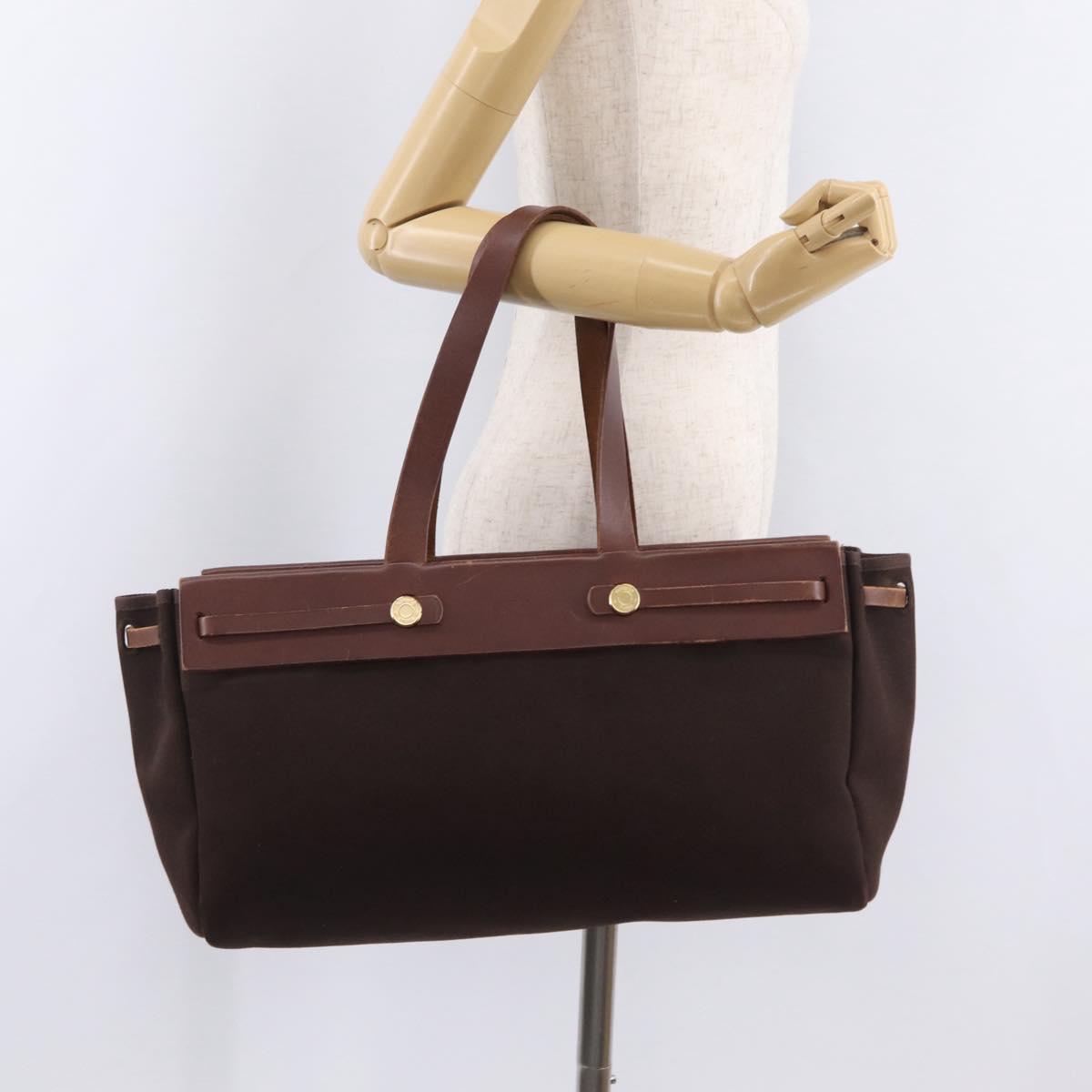 HERMES Herbag Cabas Hand Bag Canvas Leather Brown Gold Auth 204927