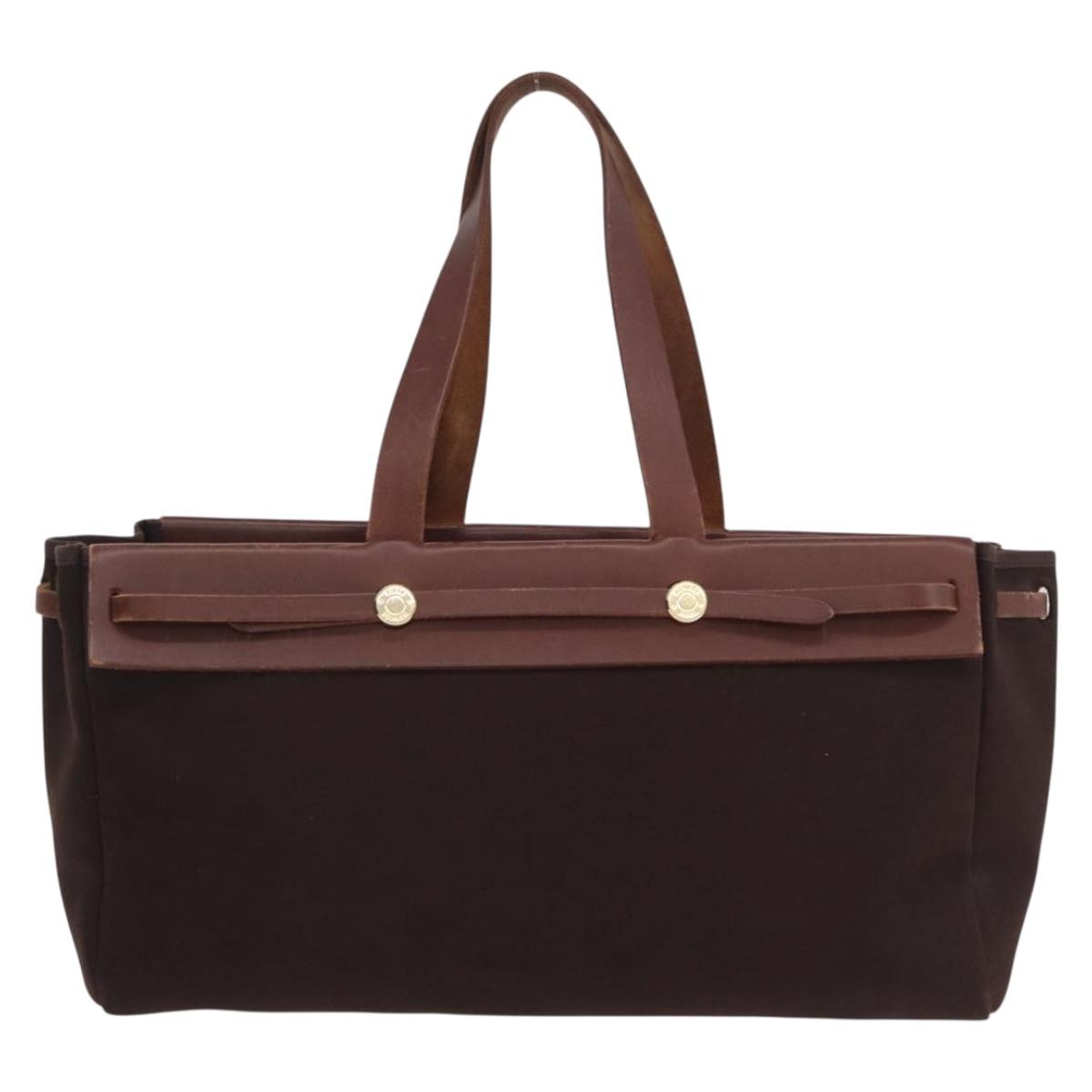 HERMES Herbag Cabas Hand Bag Canvas Leather Brown Gold Auth 204927