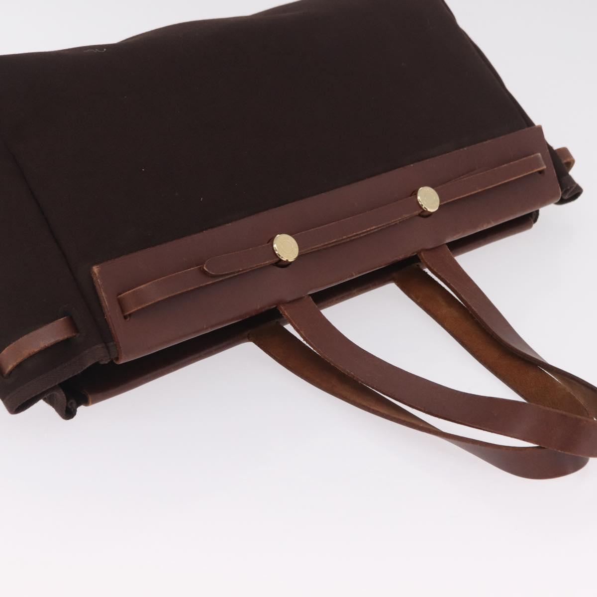 HERMES Herbag Cabas Hand Bag Canvas Leather Brown Gold Auth 204927