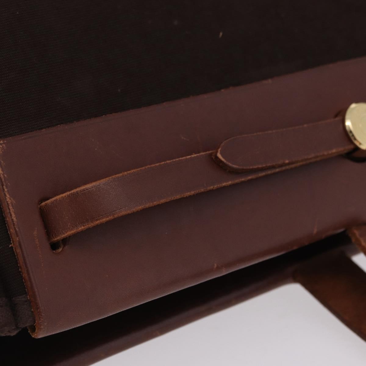 HERMES Herbag Cabas Hand Bag Canvas Leather Brown Gold Auth 204927