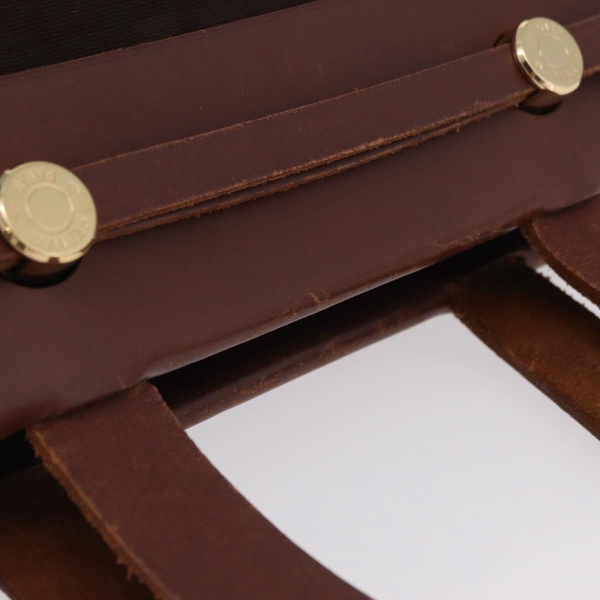HERMES Herbag Cabas Hand Bag Canvas Leather Brown Gold Auth 204927