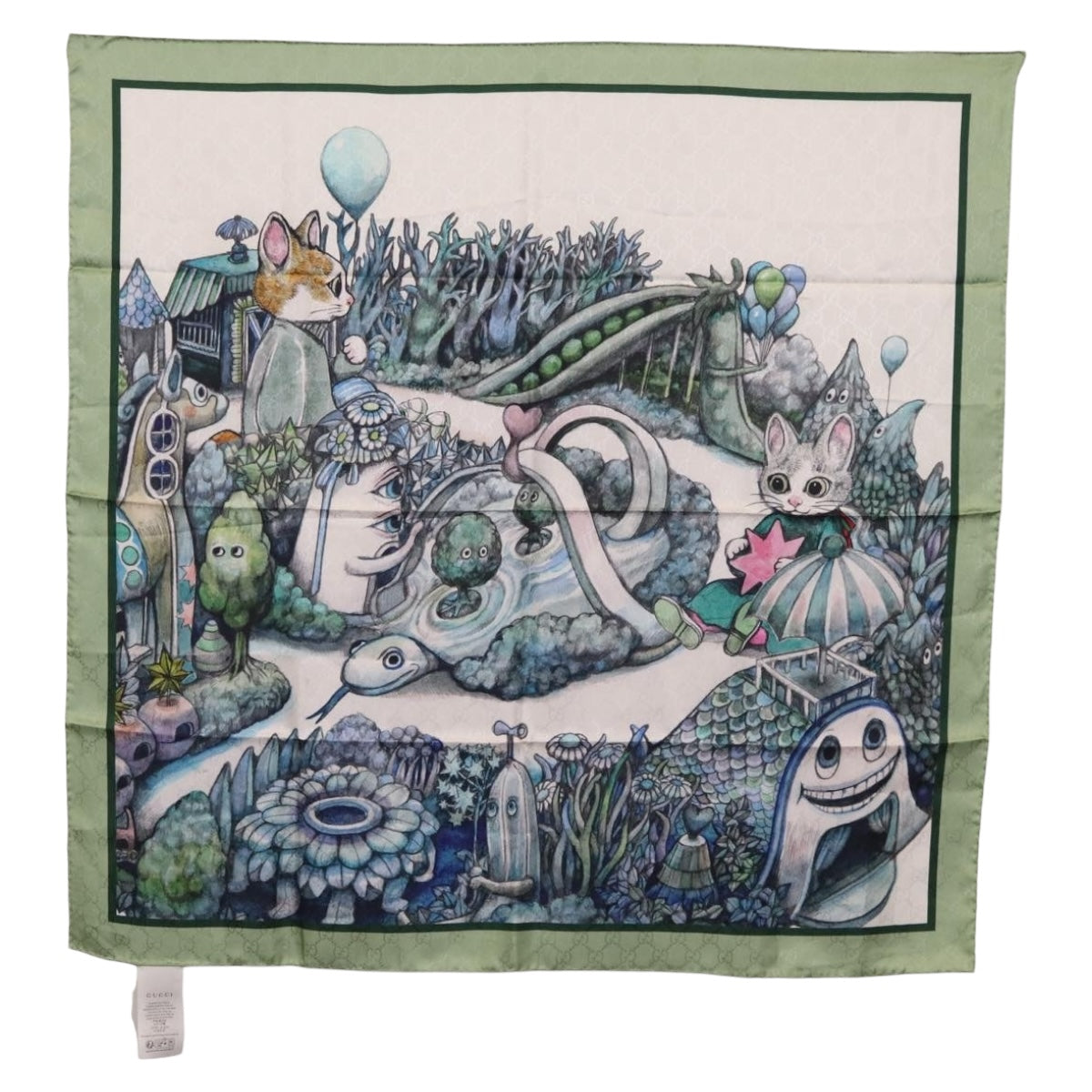 GUCCI Yuko Higuchi GG Scarf Silk Green White 863477 Auth 204930M