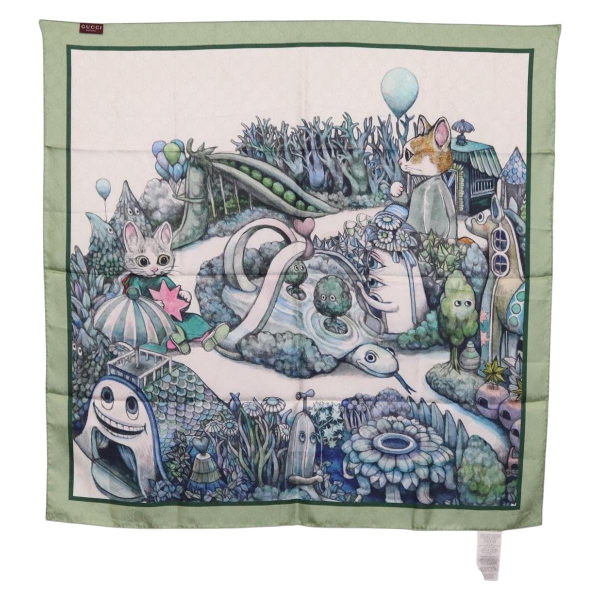 GUCCI Yuko Higuchi GG Scarf Silk Green White 863477 Auth 204930M