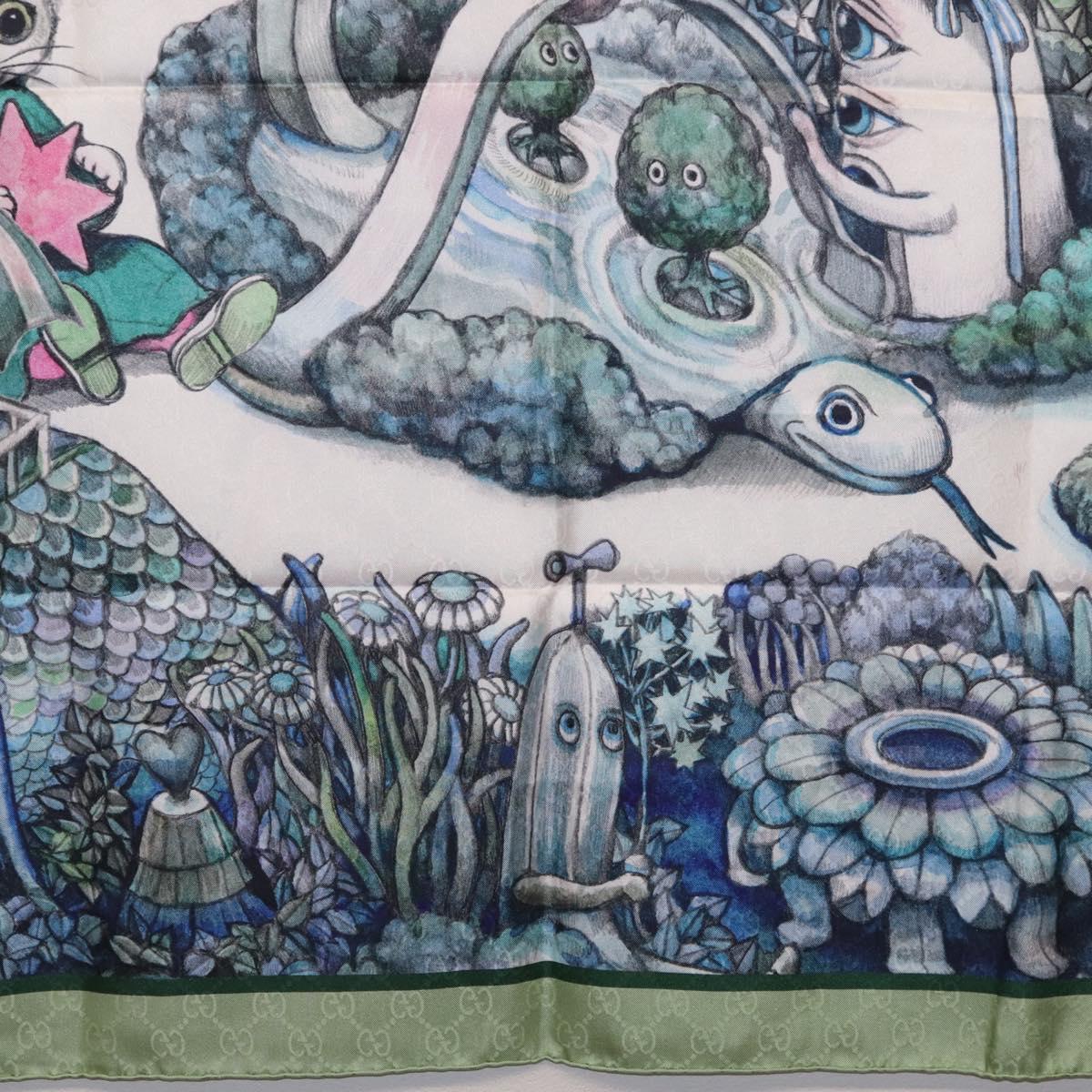 GUCCI Yuko Higuchi GG Scarf Silk Green White 863477 Auth 204930M