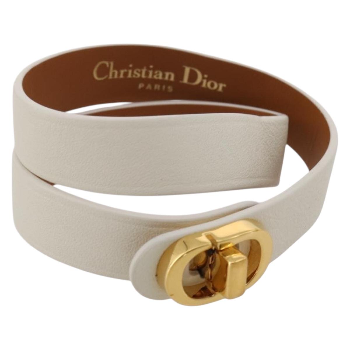 Christian Dior Bracelet Leather White Gold Auth 204946M
