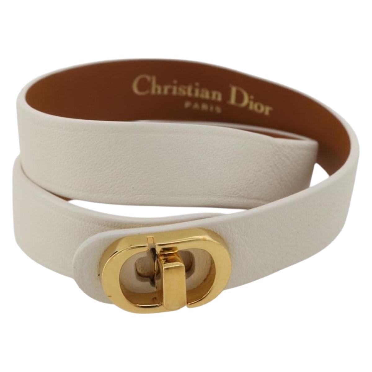 Christian Dior Bracelet Leather White Gold Auth 204946M