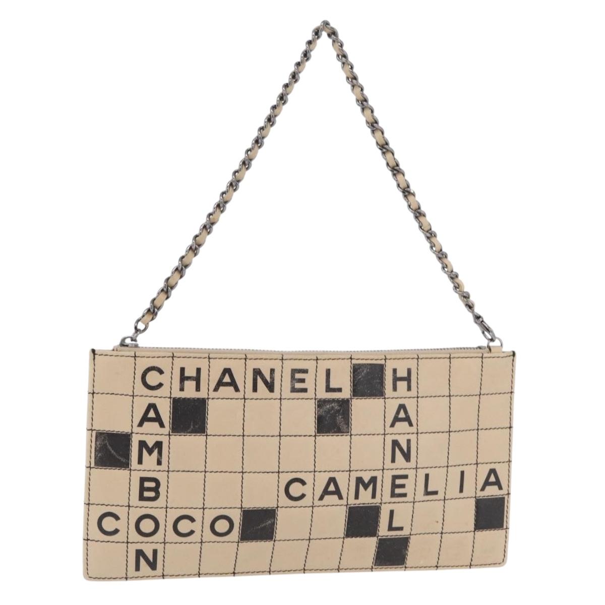 CHANEL Choco Bar Line Chain Shoulder Bag Leather Beige Silver CC Auth 204963A