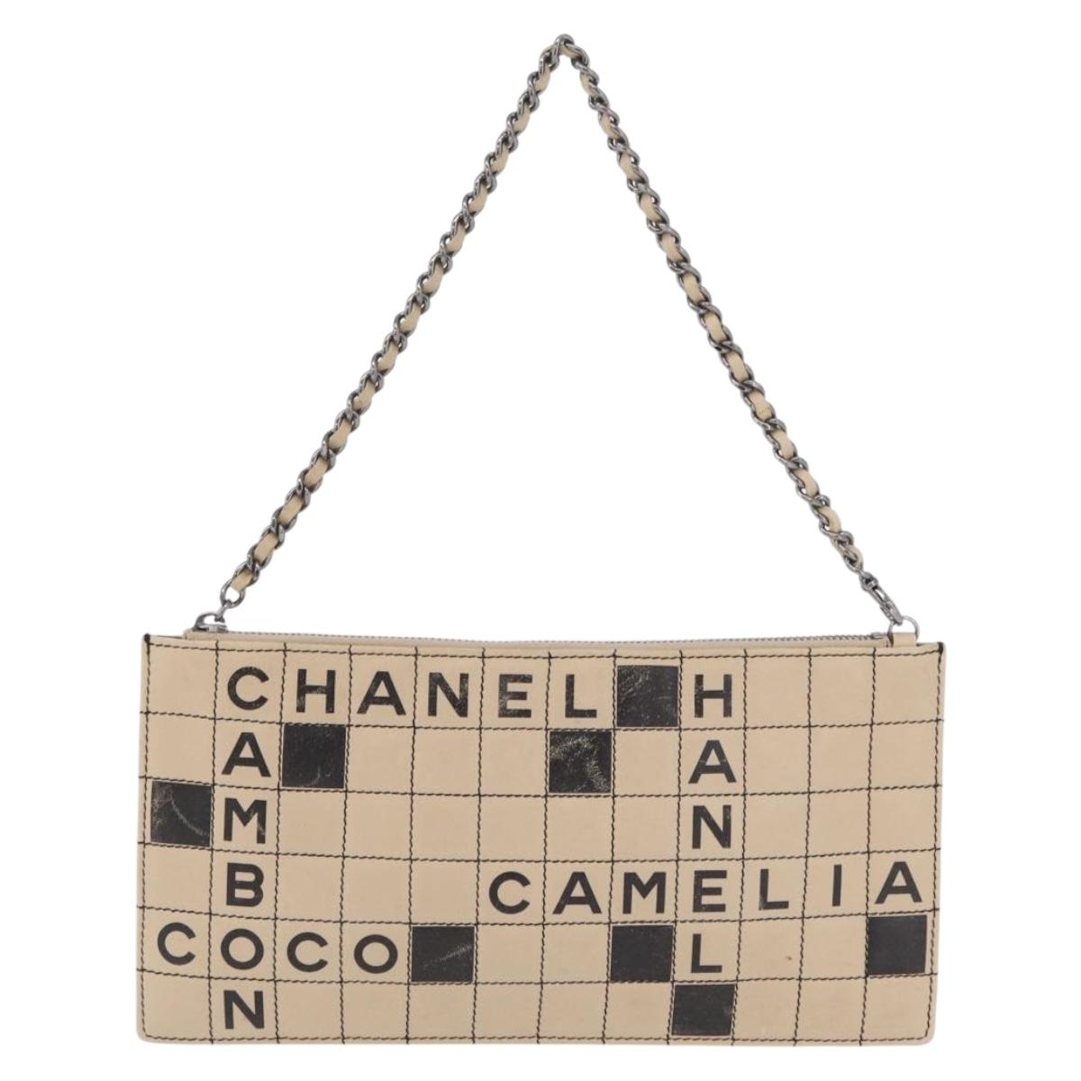 CHANEL Choco Bar Line Chain Shoulder Bag Leather Beige Silver CC Auth 204963A