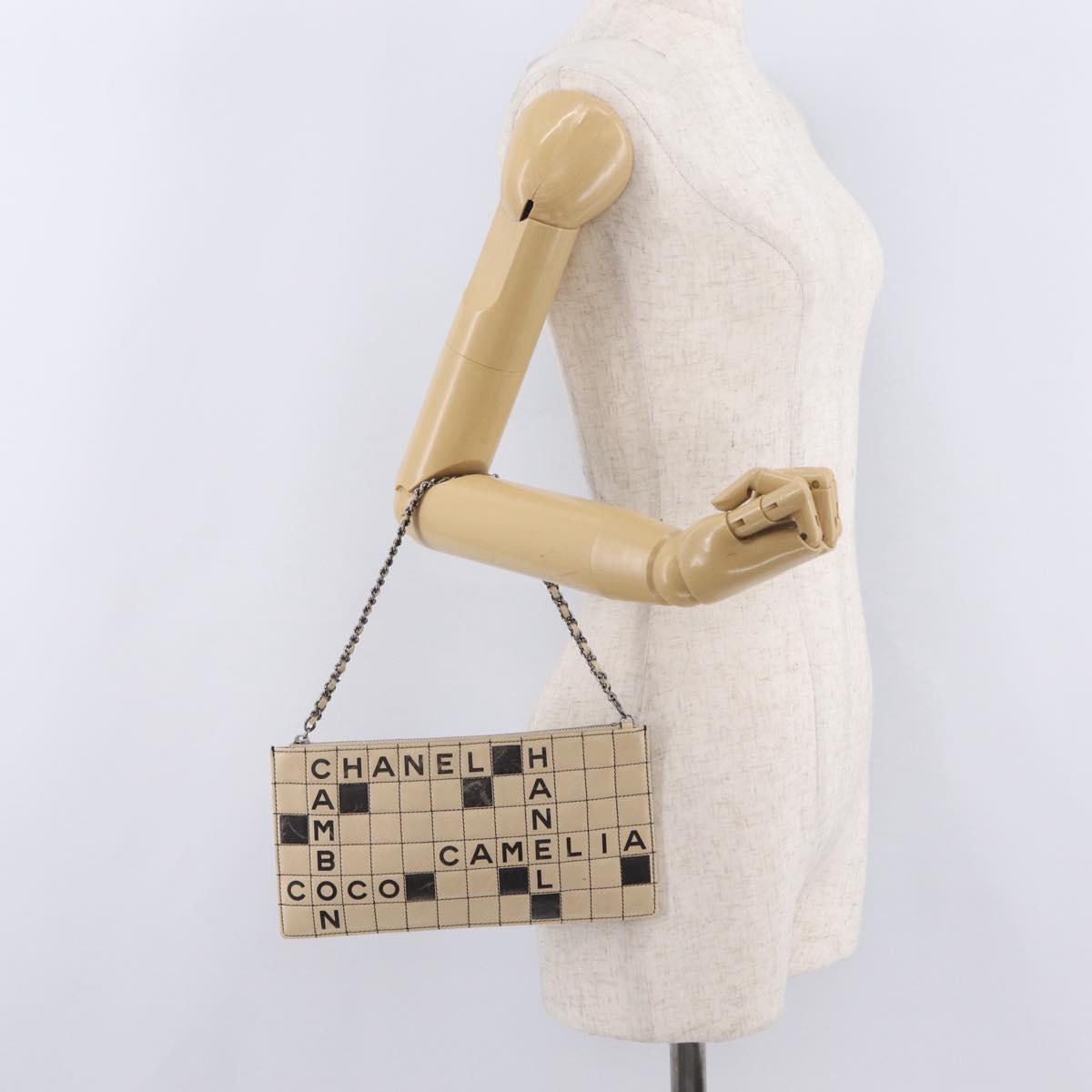 CHANEL Choco Bar Line Chain Shoulder Bag Leather Beige Silver CC Auth 204963A
