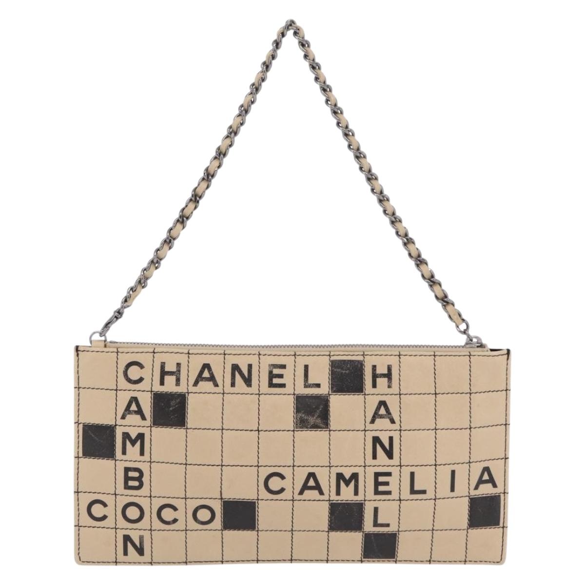 CHANEL Choco Bar Line Chain Shoulder Bag Leather Beige Silver CC Auth 204963A