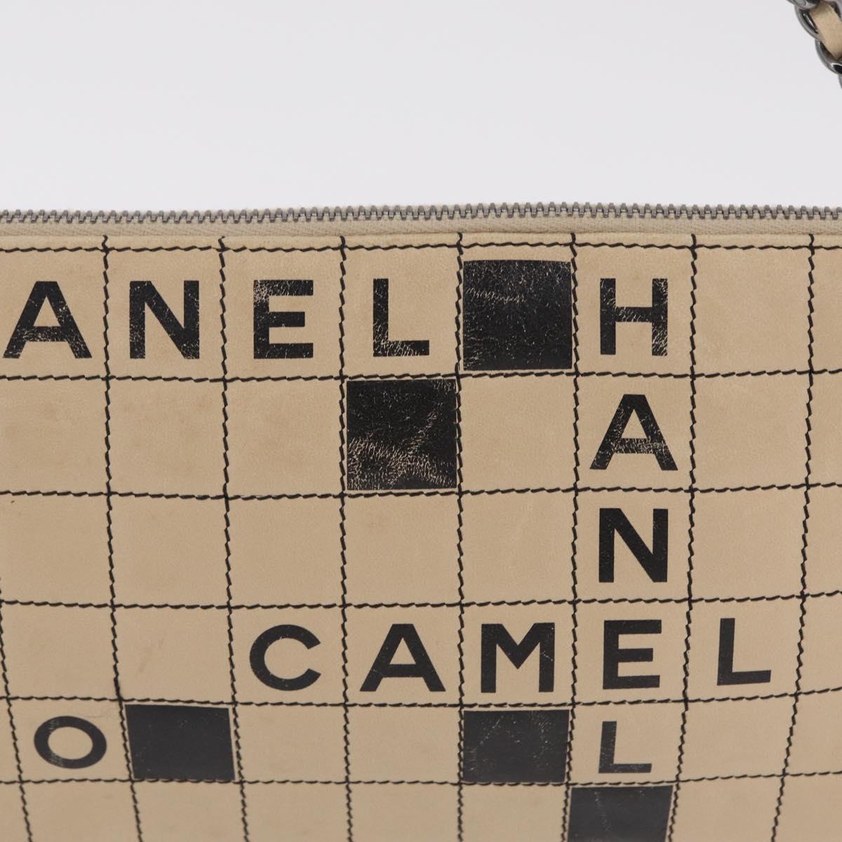 CHANEL Choco Bar Line Chain Shoulder Bag Leather Beige Silver CC Auth 204963A