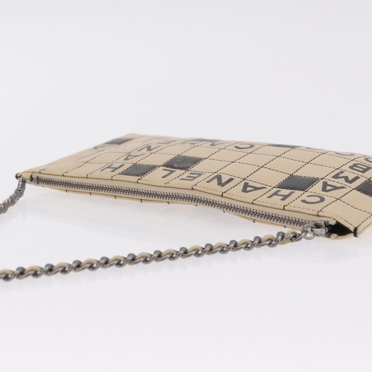 CHANEL Choco Bar Line Chain Shoulder Bag Leather Beige Silver CC Auth 204963A