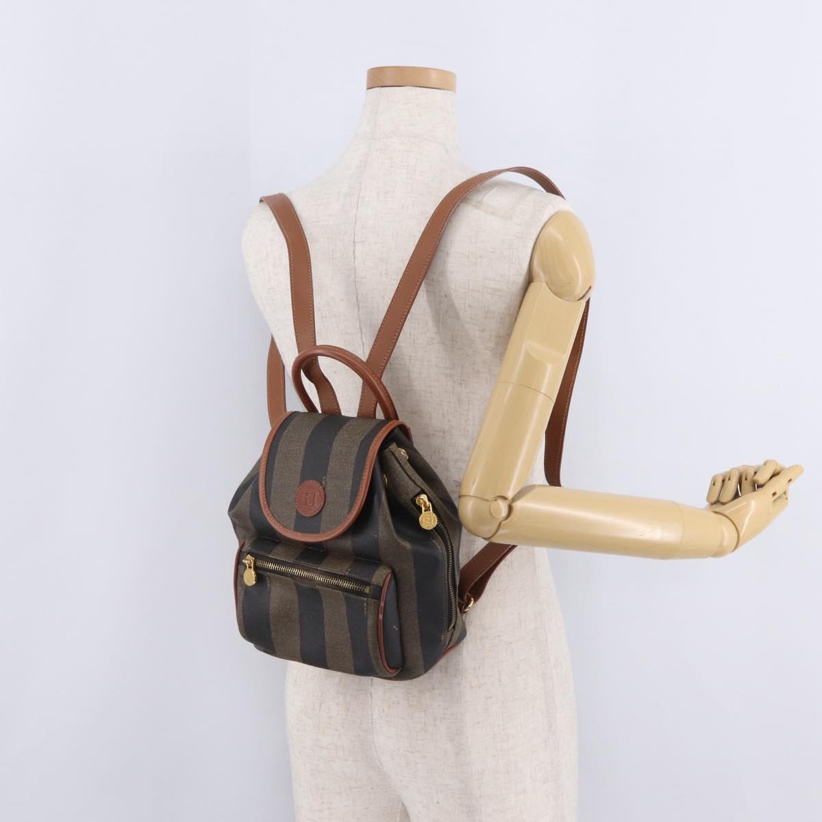 FENDI Pecan Canvas Backpack PVC Black Brown Auth 205016