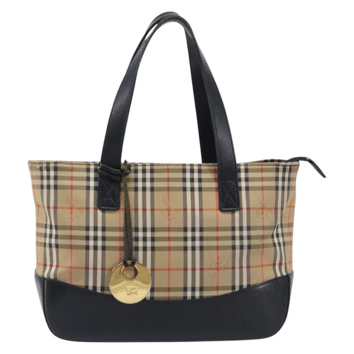 BURBERRY Nova Check Hand Bag Canvas Beige Gold Auth 205019A