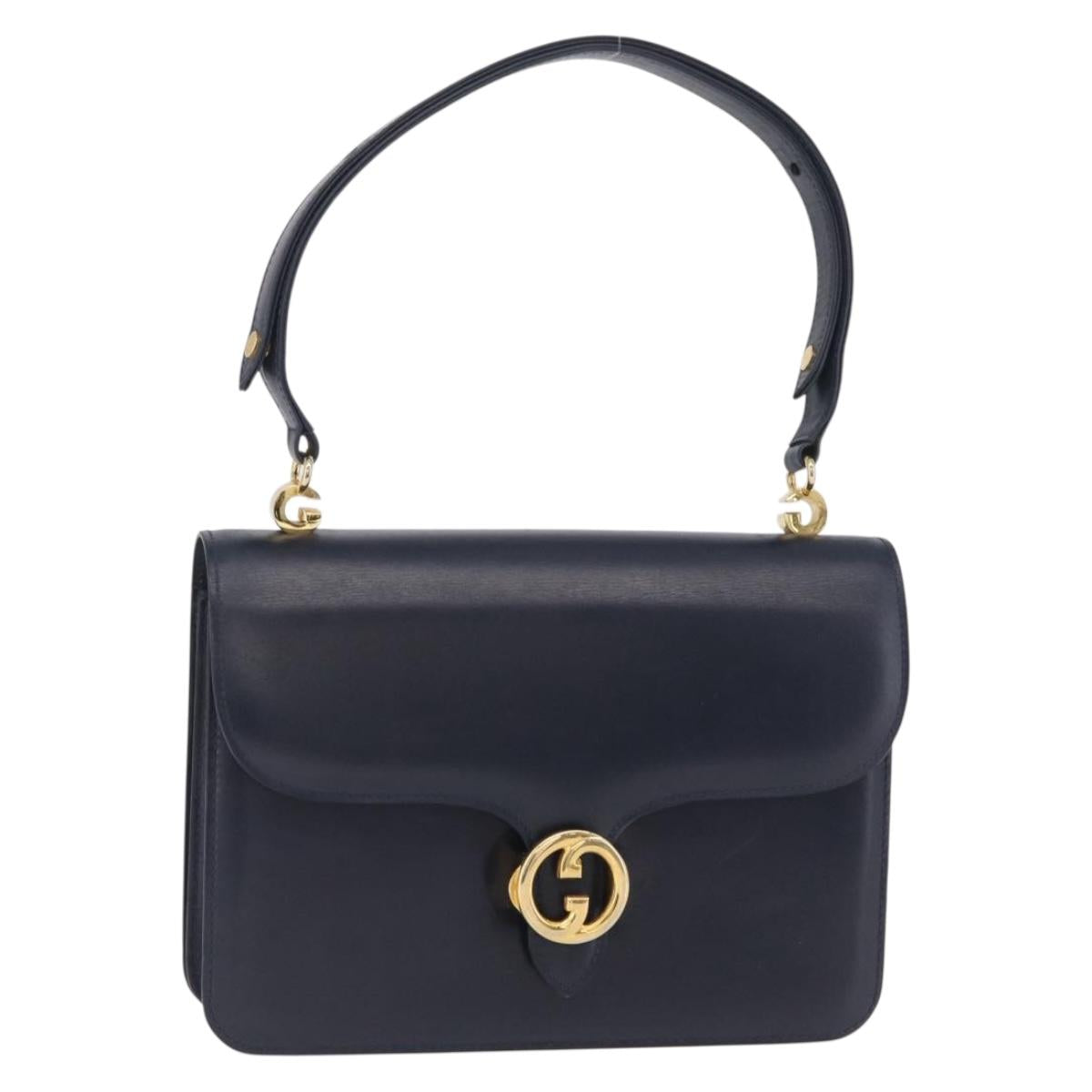 GUCCI Shoulder Bag Leather Navy Gold Auth 205027
