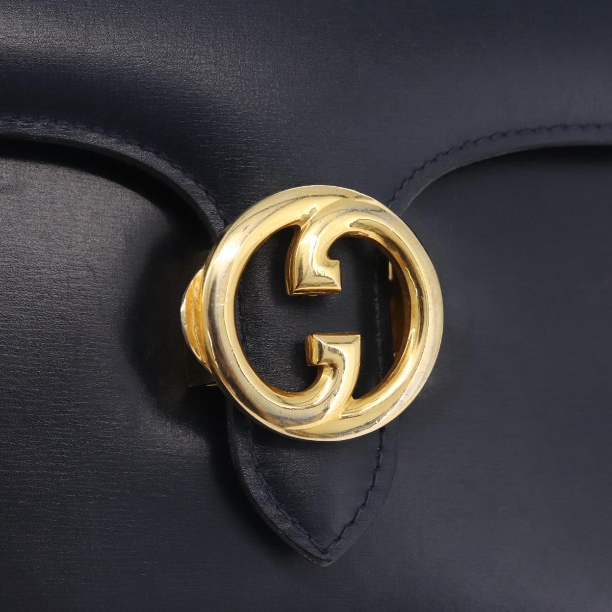 GUCCI Shoulder Bag Leather Navy Gold Auth 205027