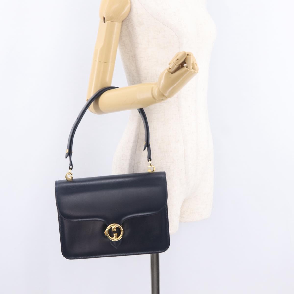 GUCCI Shoulder Bag Leather Navy Gold Auth 205027