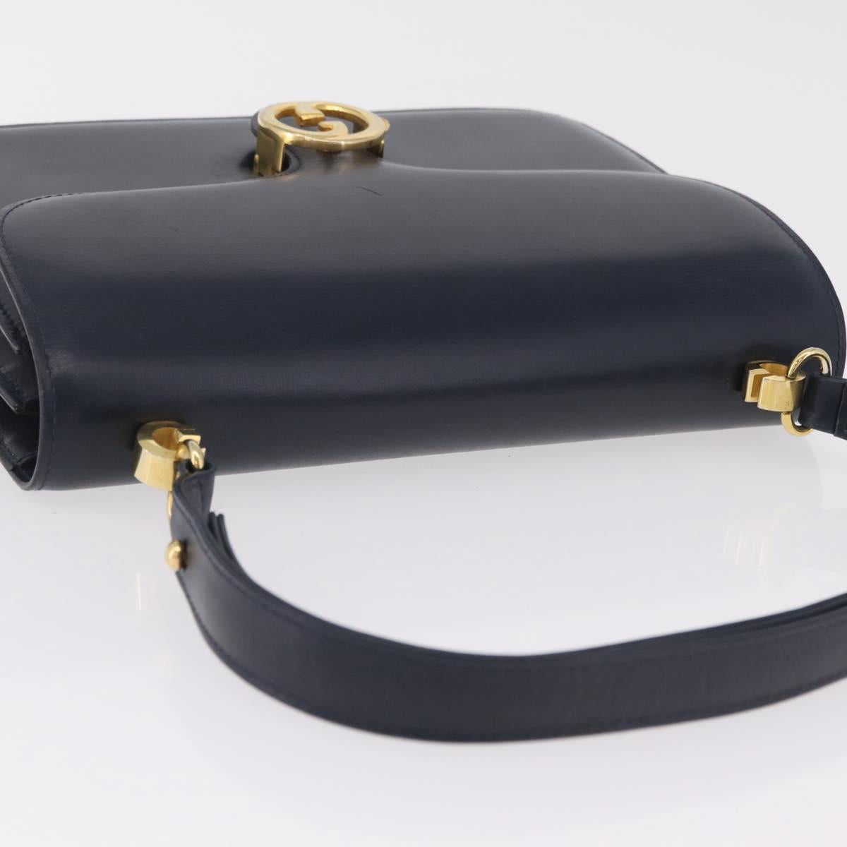 GUCCI Shoulder Bag Leather Navy Gold Auth 205027
