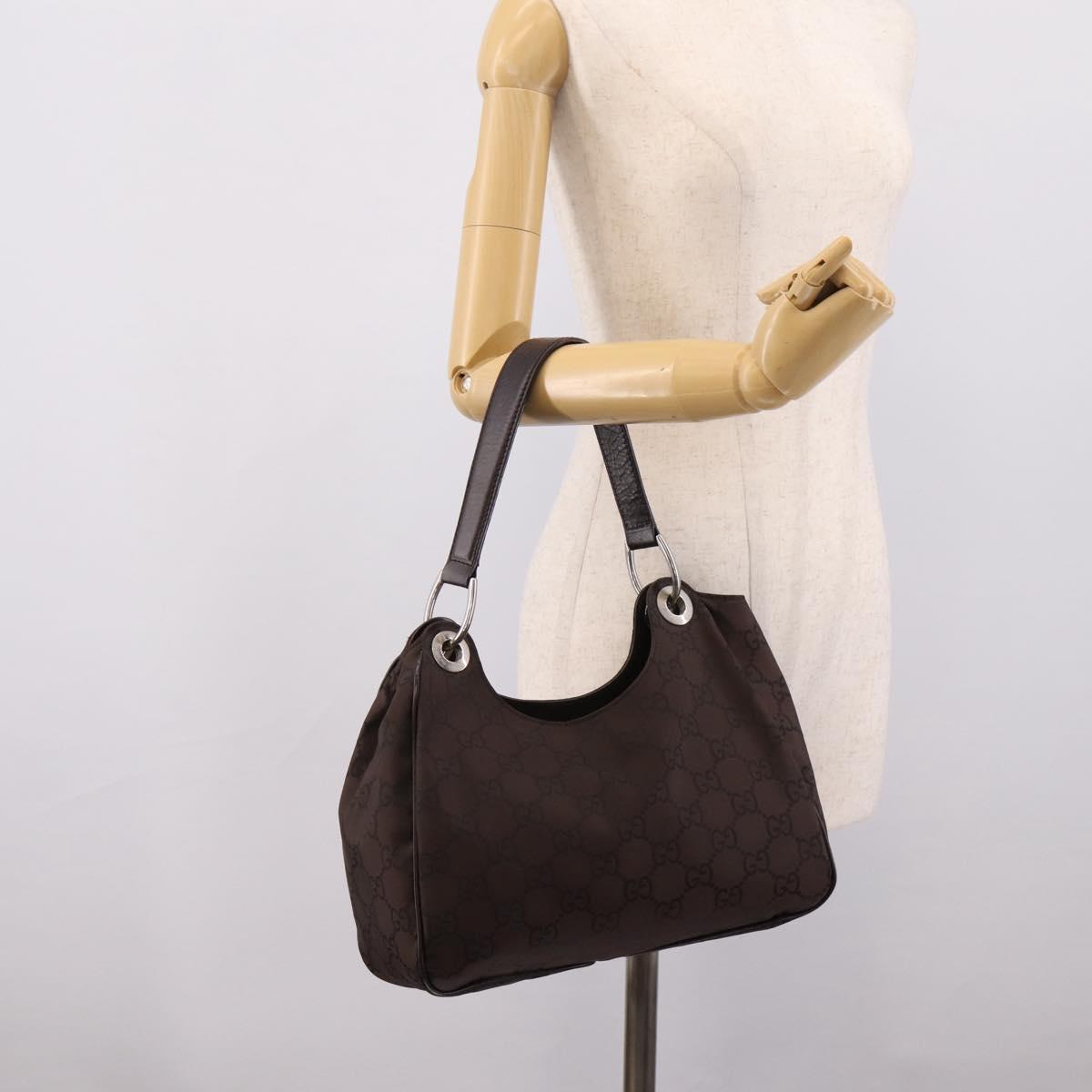GUCCI GG Canvas Shoulder Bag Nylon Dark Brown Silver 257265 Auth 205028A