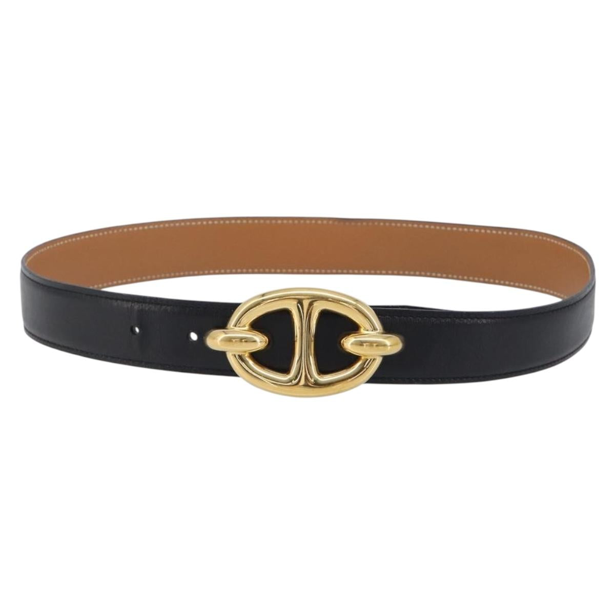 HERMES Chaine d Ancre Belt Leather 30.3"" 65 Gold Black Auth 205053M