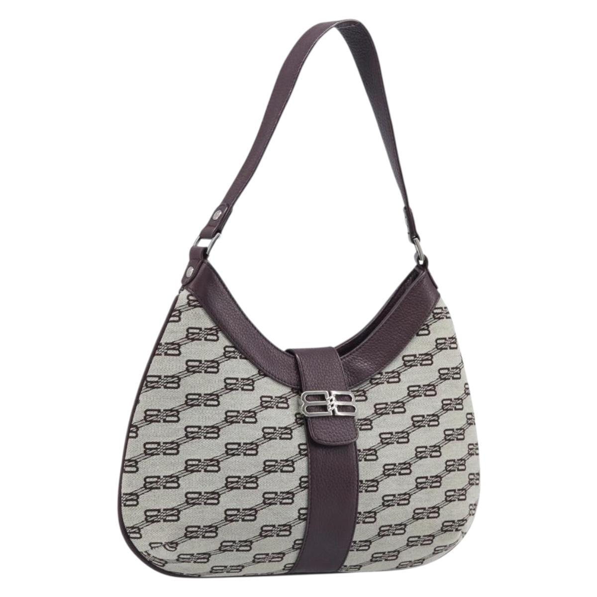 BALENCIAGA Shoulder Bag Canvas Beige Silver Auth 205074A