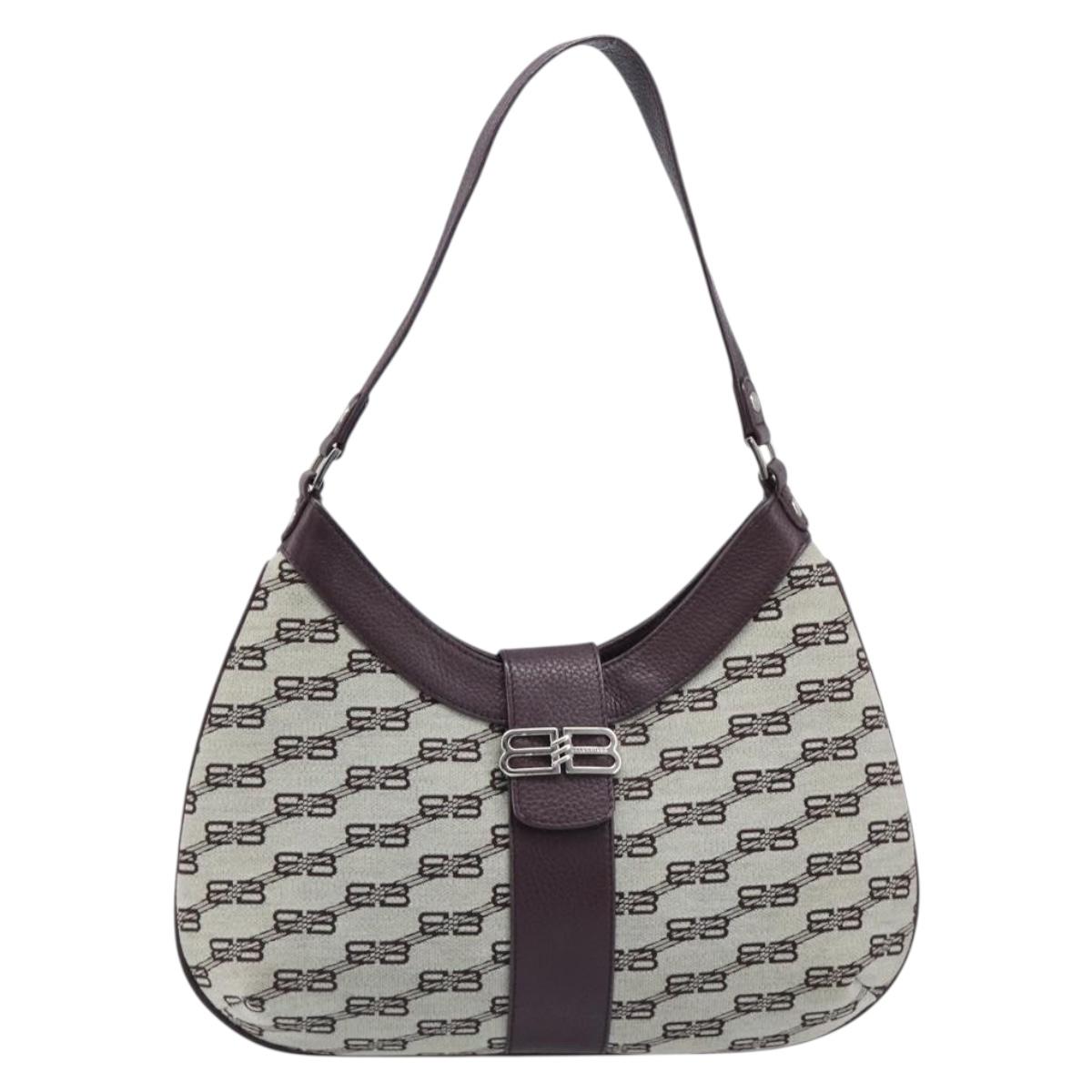 BALENCIAGA Shoulder Bag Canvas Beige Silver Auth 205074A