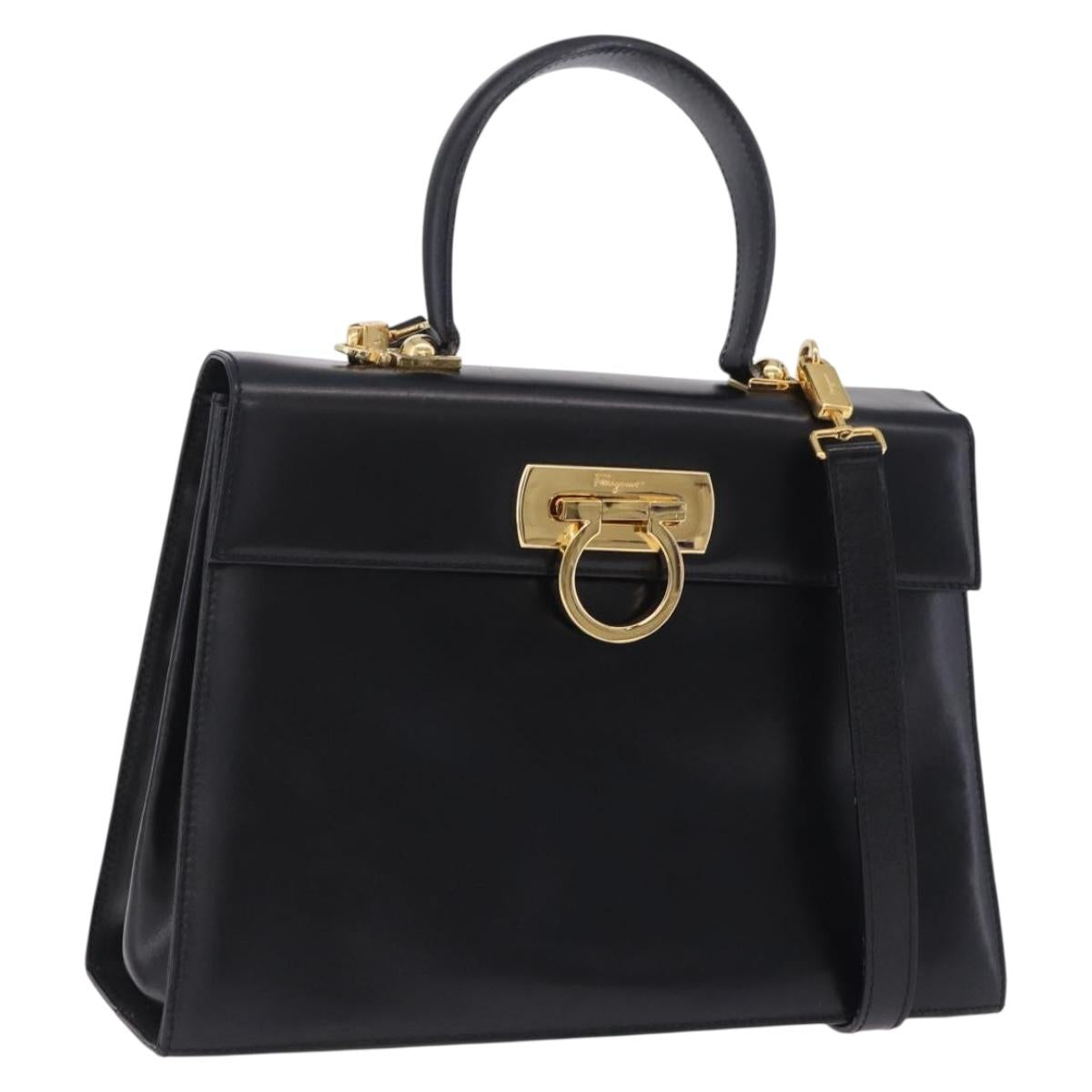 Salvatore Ferragamo Gancini Hand Bag Leather 2way Black Gold Auth 205092V