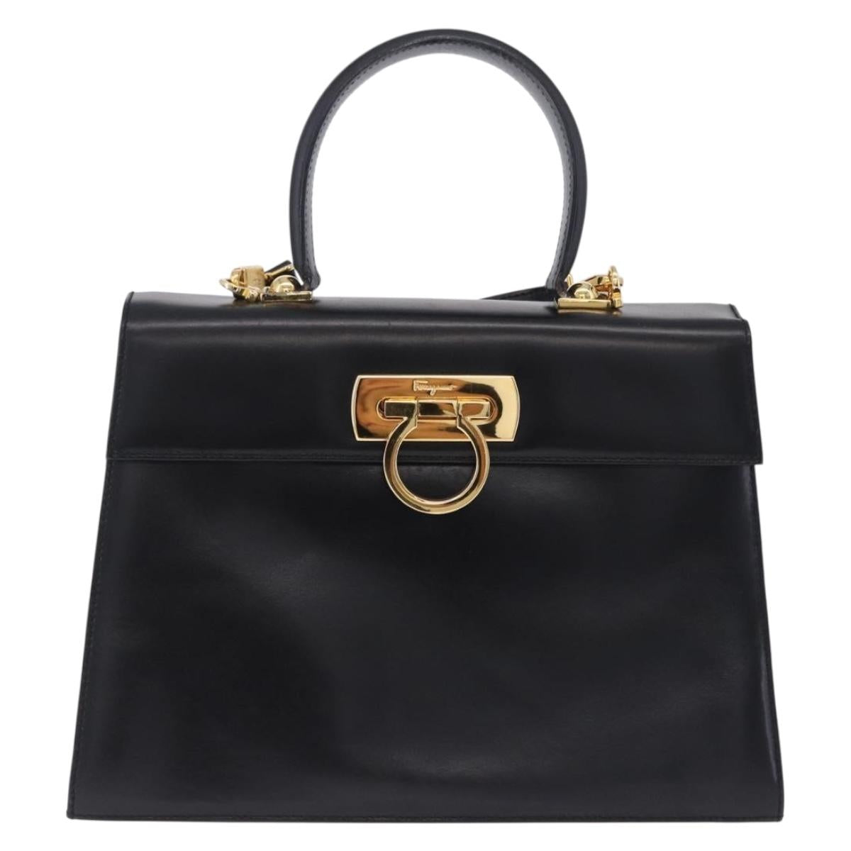 Salvatore Ferragamo Gancini Hand Bag Leather 2way Black Gold Auth 205092V